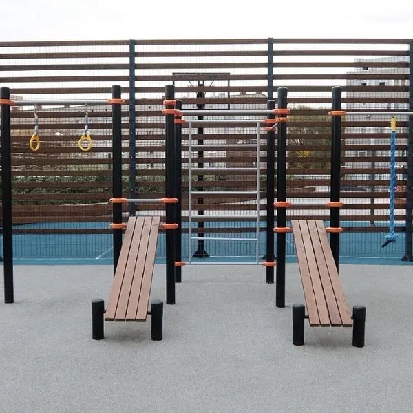 Спортивный комплекс двумя лавками для пресса, лестницей и тремя турниками